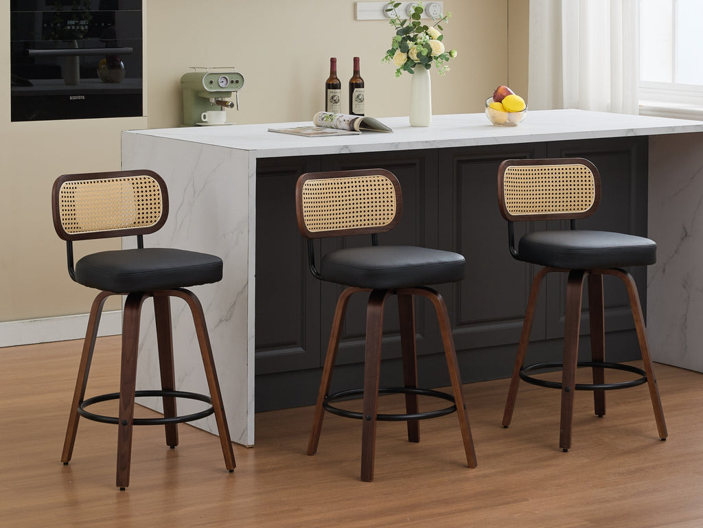 Set of 3 Counter Height Bar Stools - 26 inch Rattan Counter Height Stools with Cane Back, Upholstered Seat, Walnut Craftsmanship, Swivel Counter Stools for Island/Kitchen/Counter/Bar (Walnut /Black)