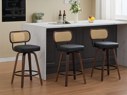 Set of 3 Counter Height Bar Stools - 26 inch Rattan Counter Height Stools with Cane Back, Upholstered Seat, Walnut Craftsmanship, Swivel Counter Stools for Island/Kitchen/Counter/Bar (Walnut /Black)