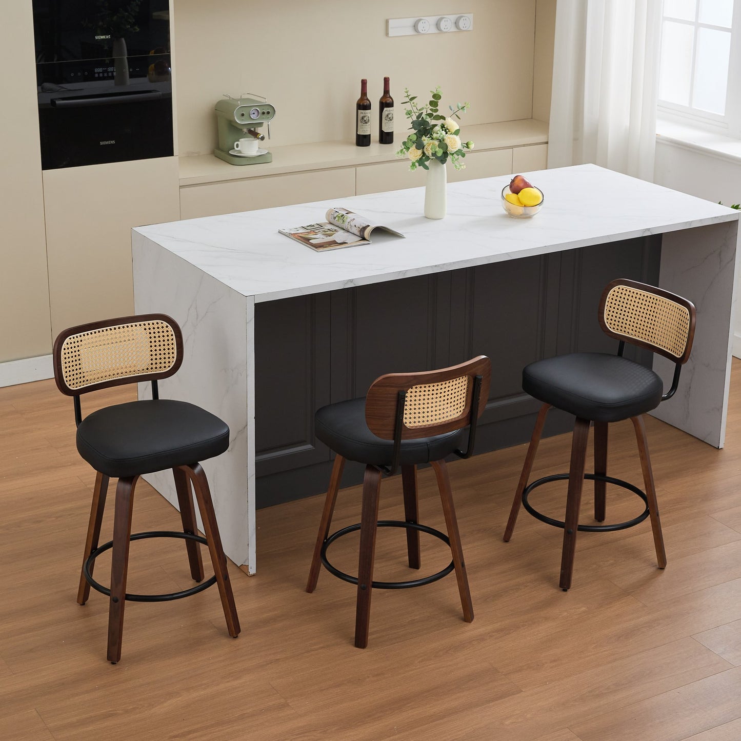 Set of 3 Counter Height Bar Stools - 26 inch Rattan Counter Height Stools with Cane Back, Upholstered Seat, Walnut Craftsmanship, Swivel Counter Stools for Island/Kitchen/Counter/Bar (Walnut /Black)