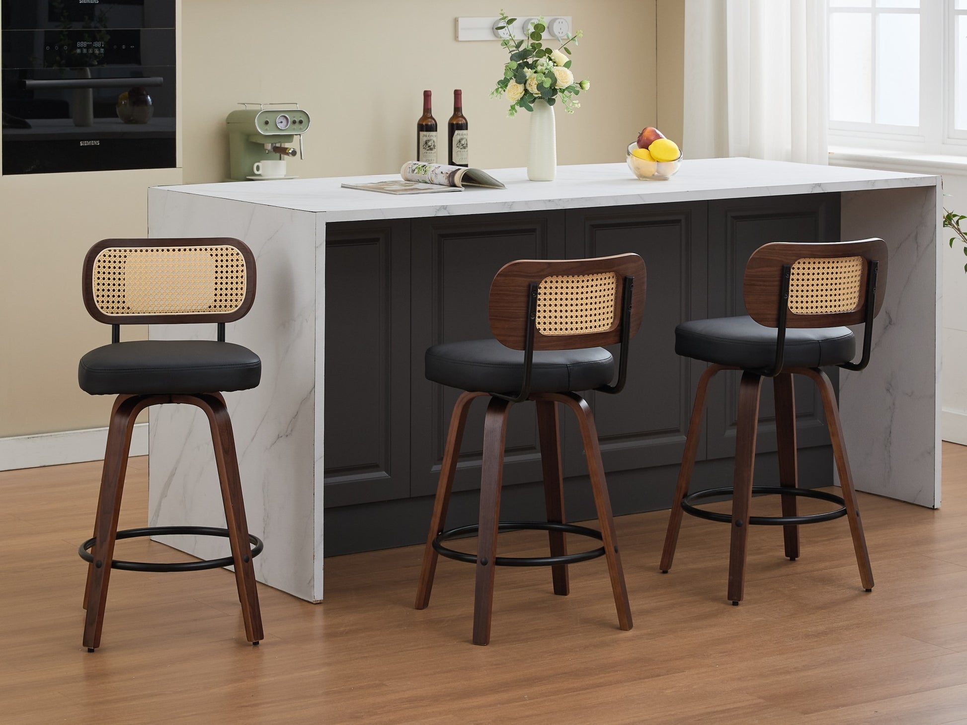 Set of 3 Counter Height Bar Stools - 26 inch Rattan Counter Height Stools with Cane Back, Upholstered Seat, Walnut Craftsmanship, Swivel Counter Stools for Island/Kitchen/Counter/Bar (Walnut /Black)