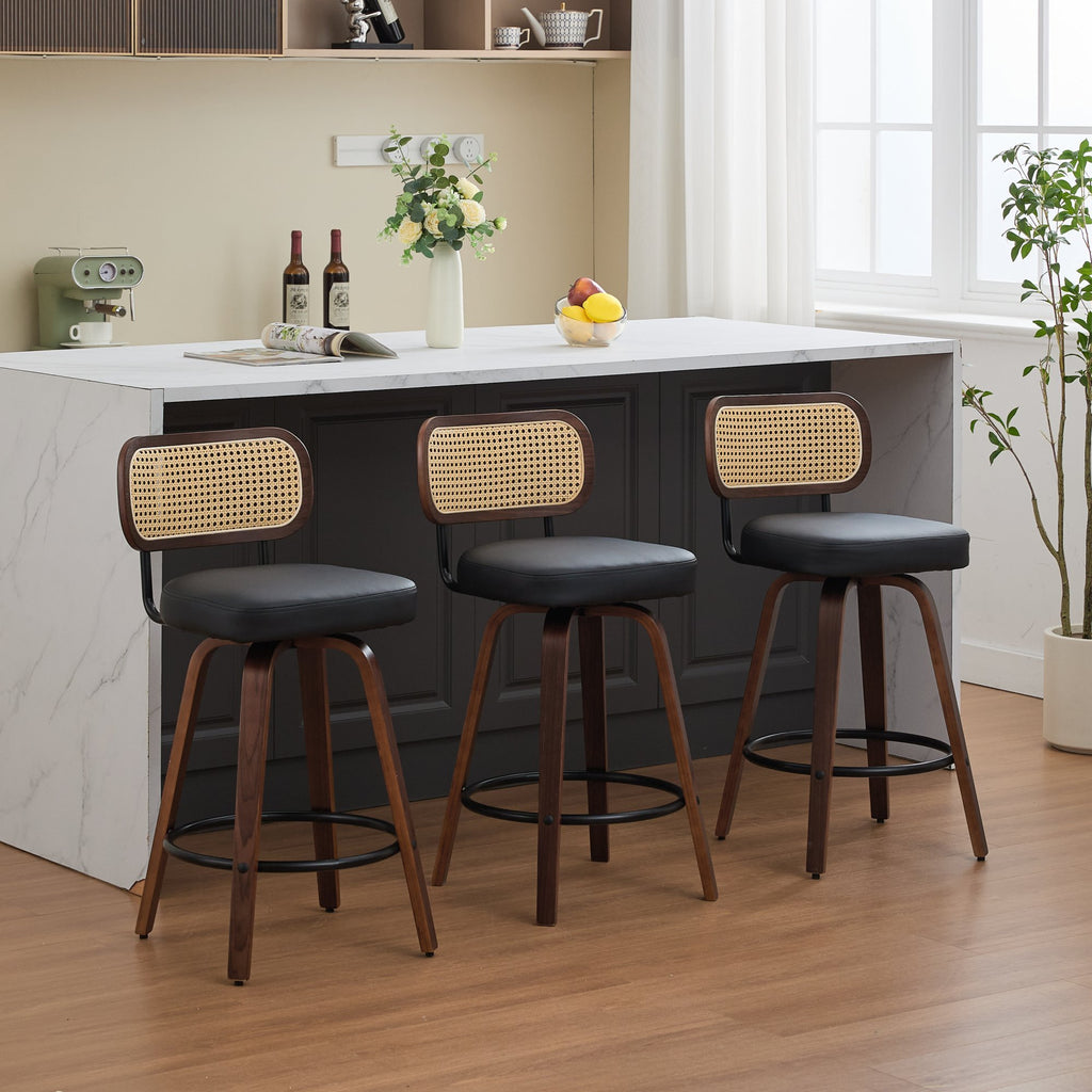 Set of 3 Counter Height Bar Stools - 26 inch Rattan Counter Height Stools with Cane Back, Upholstered Seat, Walnut Craftsmanship, Swivel Counter Stools for Island/Kitchen/Counter/Bar (Walnut /Black)