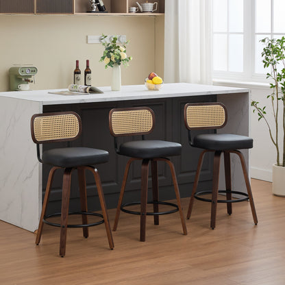 Set of 3 Counter Height Bar Stools - 26 inch Rattan Counter Height Stools with Cane Back, Upholstered Seat, Walnut Craftsmanship, Swivel Counter Stools for Island/Kitchen/Counter/Bar (Walnut /Black)