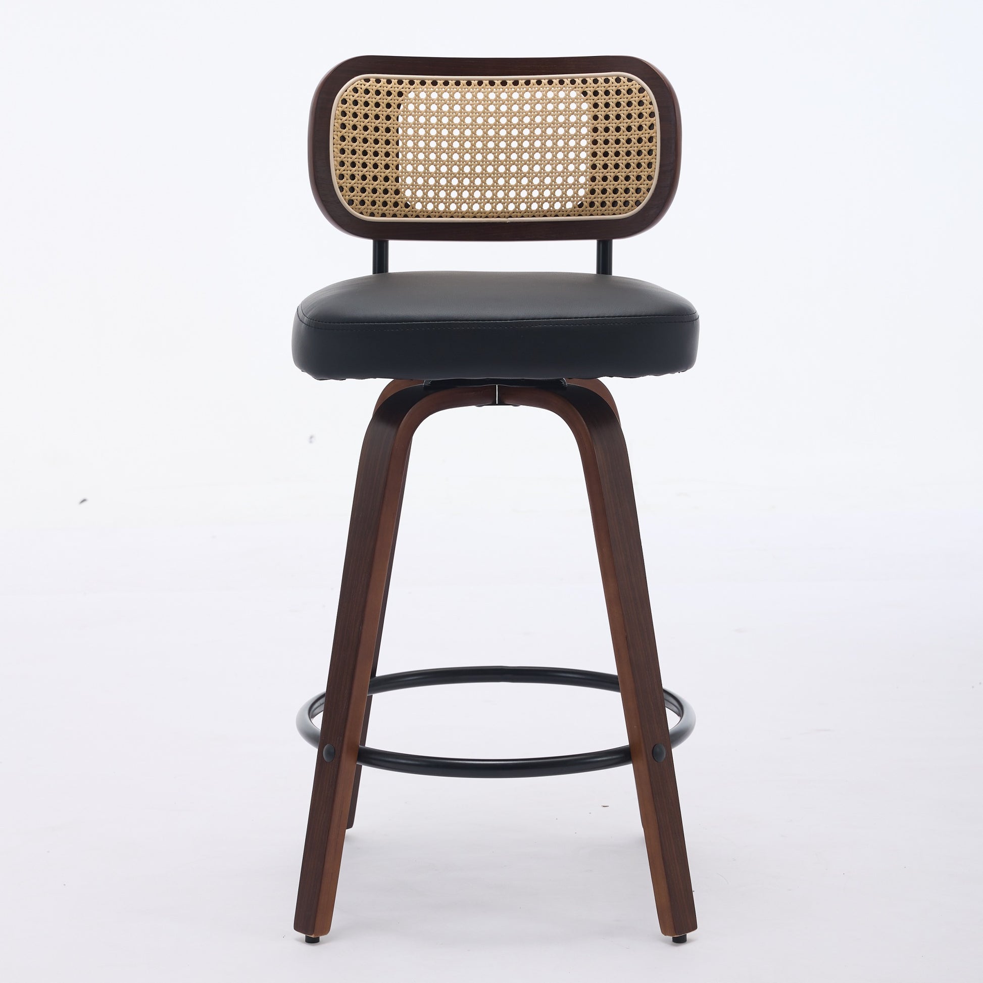 Set of 3 Counter Height Bar Stools - 26 inch Rattan Counter Height Stools with Cane Back, Upholstered Seat, Walnut Craftsmanship, Swivel Counter Stools for Island/Kitchen/Counter/Bar (Walnut /Black)