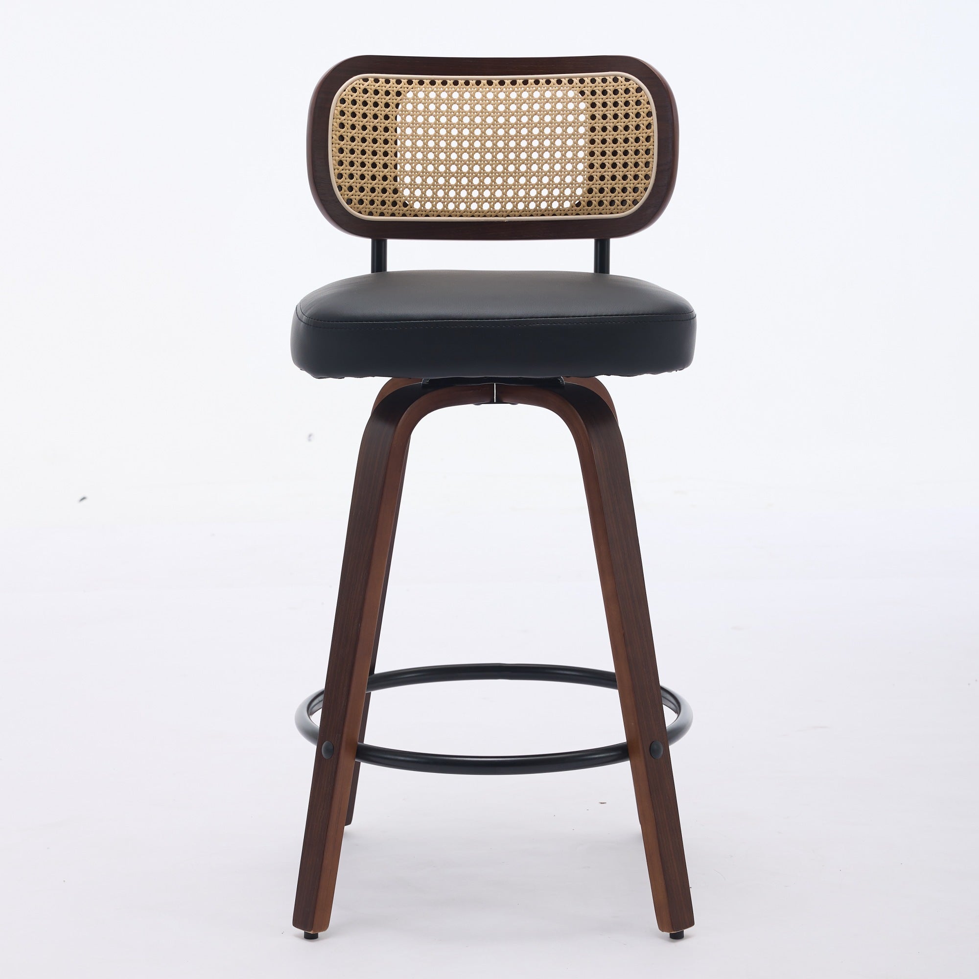 Set of 3 Counter Height Bar Stools - 26 inch Rattan Counter Height Stools with Cane Back, Upholstered Seat, Walnut Craftsmanship, Swivel Counter Stools for Island/Kitchen/Counter/Bar (Walnut /Black)