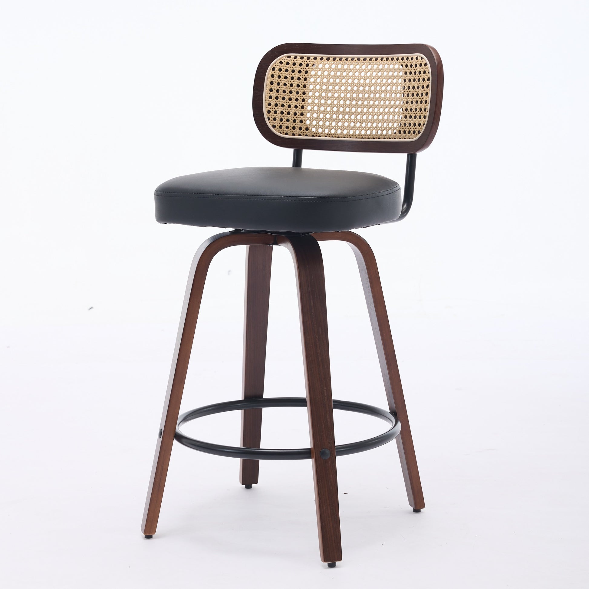 Set of 3 Counter Height Bar Stools - 26 inch Rattan Counter Height Stools with Cane Back, Upholstered Seat, Walnut Craftsmanship, Swivel Counter Stools for Island/Kitchen/Counter/Bar (Walnut /Black)