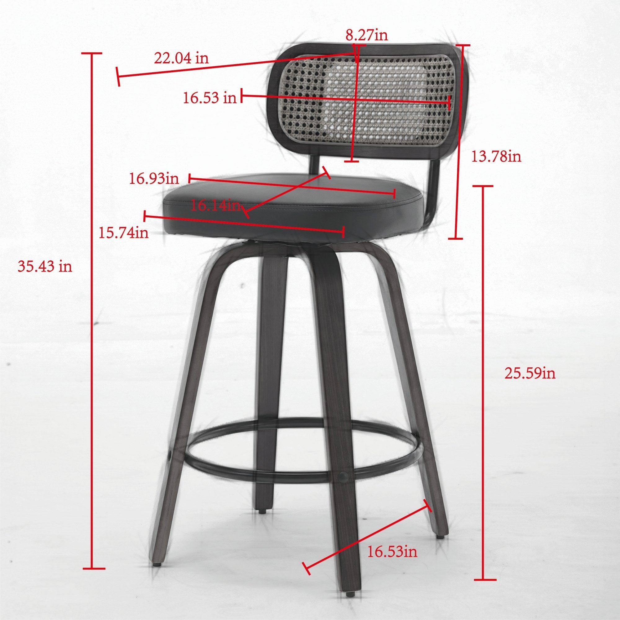 Set of 3 Counter Height Bar Stools - 26 inch Rattan Counter Height Stools with Cane Back, Upholstered Seat, Walnut Craftsmanship, Swivel Counter Stools for Island/Kitchen/Counter/Bar (Walnut /Black)