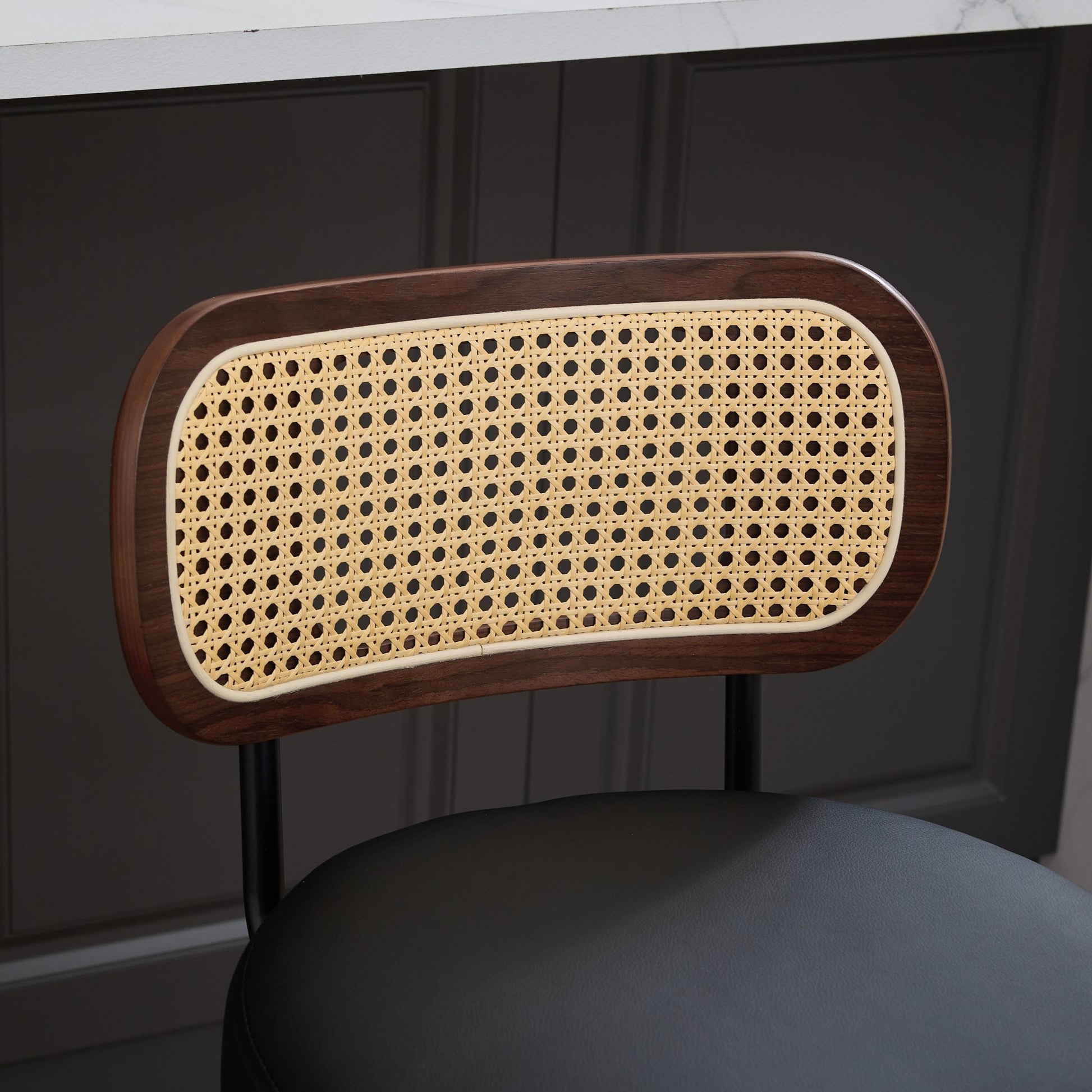 Set of 3 Counter Height Bar Stools - 26 inch Rattan Counter Height Stools with Cane Back, Upholstered Seat, Walnut Craftsmanship, Swivel Counter Stools for Island/Kitchen/Counter/Bar (Walnut /Black)