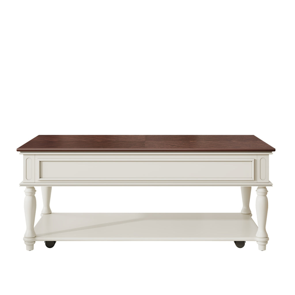 Farmhouse Coffee Table with One Drawer, Easy Assembly, Retro Movable Rectangular Cocktail Table with Lockable Wheels, Country Style Center Table with Solid Wood Legs for Living Room, Walnut+White