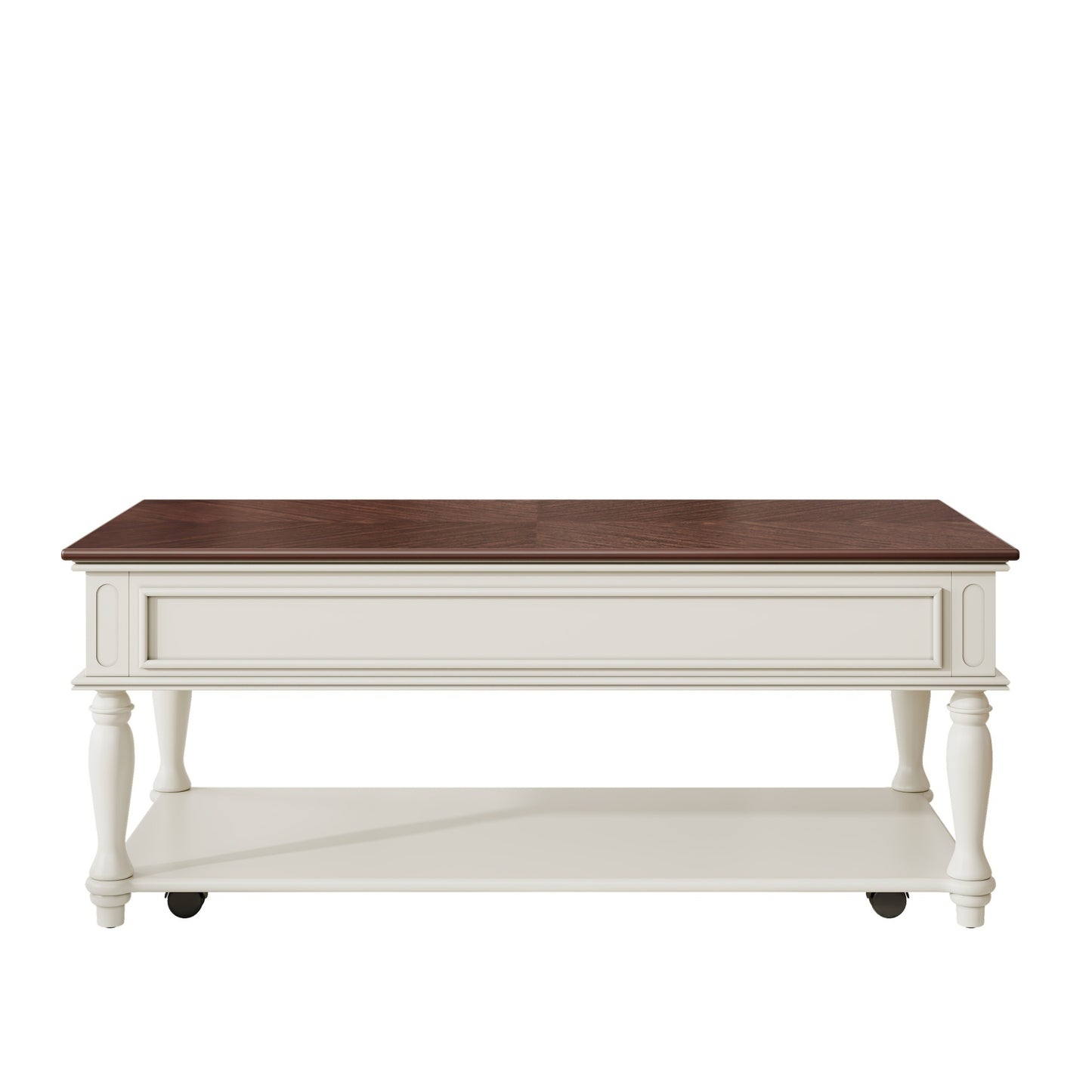 Farmhouse Coffee Table with One Drawer, Easy Assembly, Retro Movable Rectangular Cocktail Table with Lockable Wheels, Country Style Center Table with Solid Wood Legs for Living Room, Walnut+White