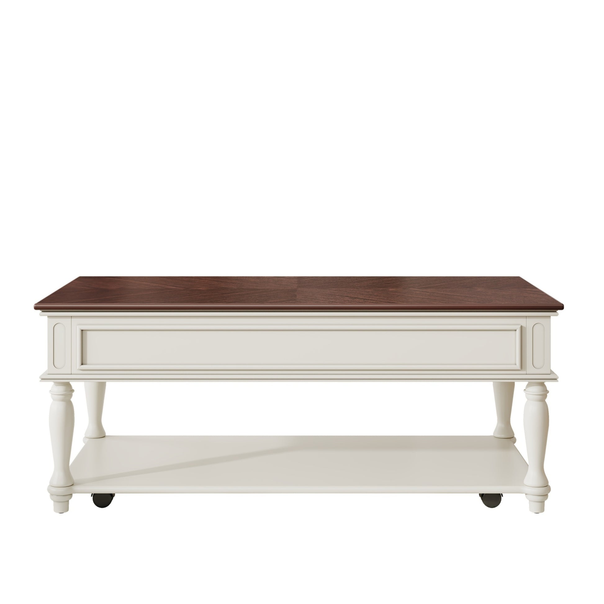 Farmhouse Coffee Table with One Drawer, Easy Assembly, Retro Movable Rectangular Cocktail Table with Lockable Wheels, Country Style Center Table with Solid Wood Legs for Living Room, Walnut+White