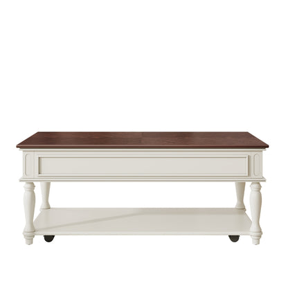 Farmhouse Coffee Table with One Drawer, Easy Assembly, Retro Movable Rectangular Cocktail Table with Lockable Wheels, Country Style Center Table with Solid Wood Legs for Living Room, Walnut+White