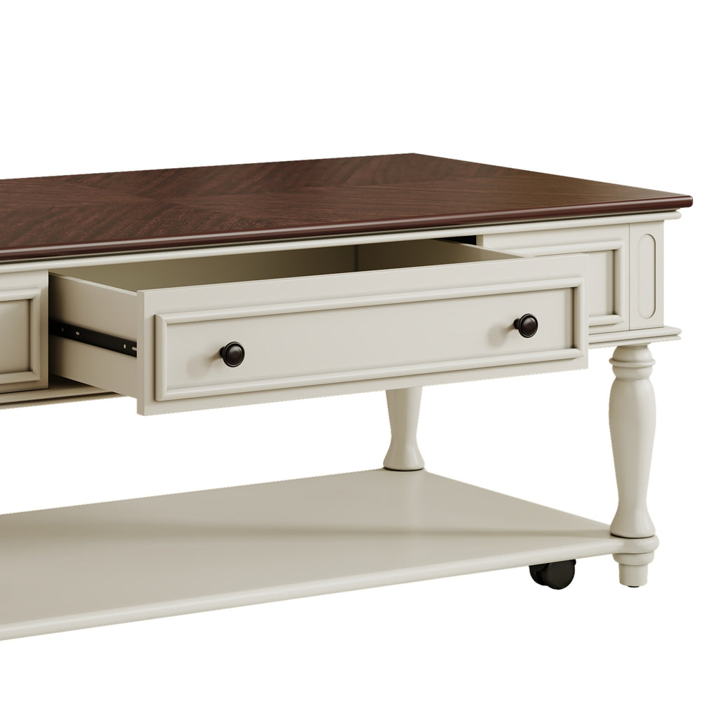 Farmhouse Coffee Table with One Drawer, Easy Assembly, Retro Movable Rectangular Cocktail Table with Lockable Wheels, Country Style Center Table with Solid Wood Legs for Living Room, Walnut+White