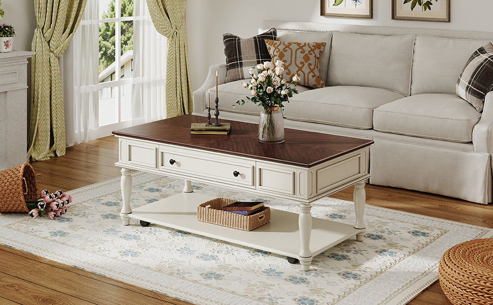 Farmhouse Coffee Table with One Drawer, Easy Assembly, Retro Movable Rectangular Cocktail Table with Lockable Wheels, Country Style Center Table with Solid Wood Legs for Living Room, Walnut+White