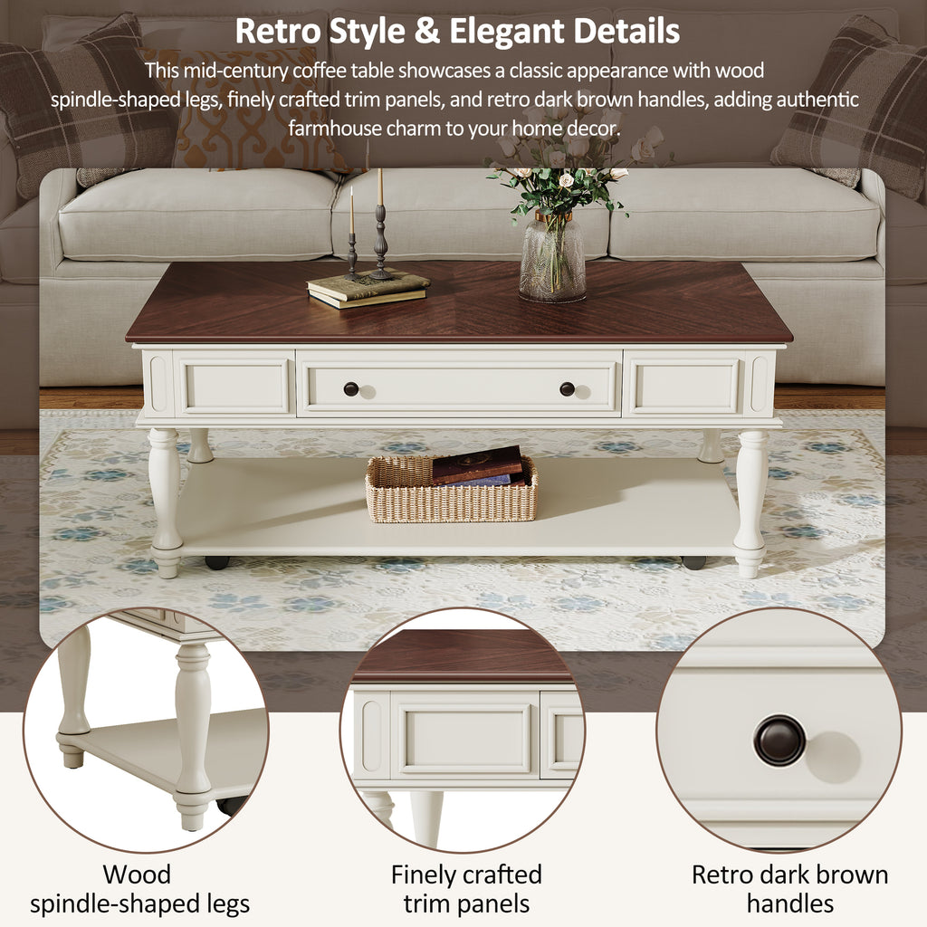 Farmhouse Coffee Table with One Drawer, Easy Assembly, Retro Movable Rectangular Cocktail Table with Lockable Wheels, Country Style Center Table with Solid Wood Legs for Living Room, Walnut+White