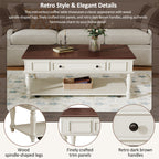 Farmhouse Coffee Table with One Drawer, Easy Assembly, Retro Movable Rectangular Cocktail Table with Lockable Wheels, Country Style Center Table with Solid Wood Legs for Living Room, Walnut+White