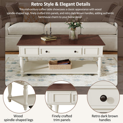 Farmhouse Coffee Table with One Drawer, Easy Assembly, Retro Movable Rectangular Cocktail Table with Lockable Wheels, Country Style Center Table with Solid Wood Legs for Living Room, Walnut+White