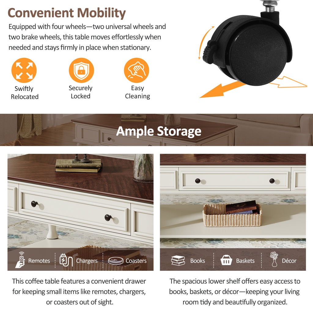 Farmhouse Coffee Table with One Drawer, Easy Assembly, Retro Movable Rectangular Cocktail Table with Lockable Wheels, Country Style Center Table with Solid Wood Legs for Living Room, Walnut+White