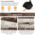 Farmhouse Coffee Table with One Drawer, Easy Assembly, Retro Movable Rectangular Cocktail Table with Lockable Wheels, Country Style Center Table with Solid Wood Legs for Living Room, Walnut+White