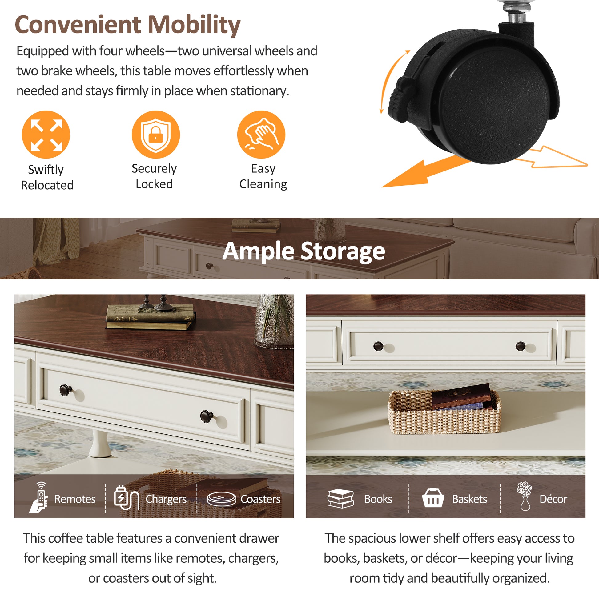 Farmhouse Coffee Table with One Drawer, Easy Assembly, Retro Movable Rectangular Cocktail Table with Lockable Wheels, Country Style Center Table with Solid Wood Legs for Living Room, Walnut+White