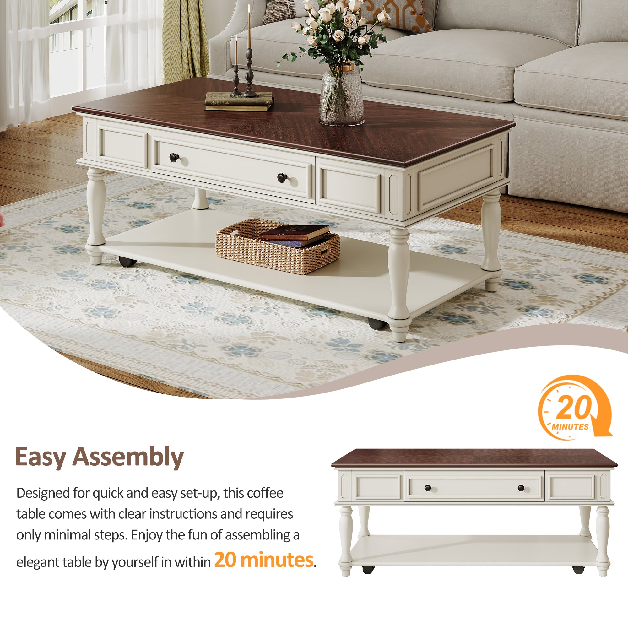 Farmhouse Coffee Table with One Drawer, Easy Assembly, Retro Movable Rectangular Cocktail Table with Lockable Wheels, Country Style Center Table with Solid Wood Legs for Living Room, Walnut+White