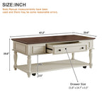 Farmhouse Coffee Table with One Drawer, Easy Assembly, Retro Movable Rectangular Cocktail Table with Lockable Wheels, Country Style Center Table with Solid Wood Legs for Living Room, Walnut+White