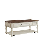 Farmhouse Coffee Table with One Drawer, Easy Assembly, Retro Movable Rectangular Cocktail Table with Lockable Wheels, Country Style Center Table with Solid Wood Legs for Living Room, Walnut+White