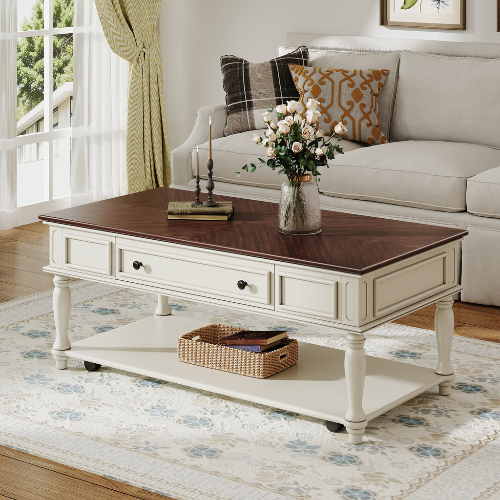 Farmhouse Coffee Table with One Drawer, Easy Assembly, Retro Movable Rectangular Cocktail Table with Lockable Wheels, Country Style Center Table with Solid Wood Legs for Living Room, Walnut+White