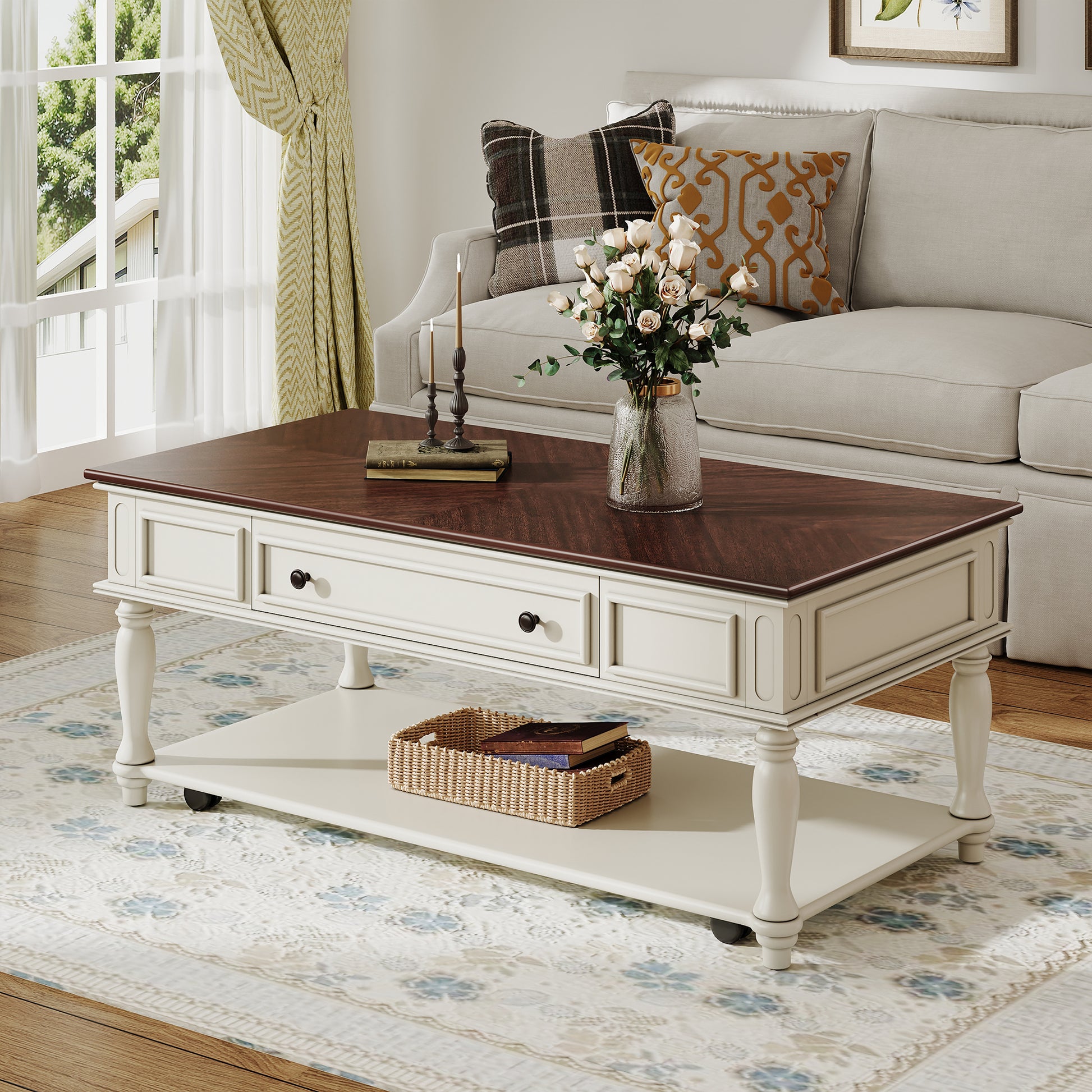 Farmhouse Coffee Table with One Drawer, Easy Assembly, Retro Movable Rectangular Cocktail Table with Lockable Wheels, Country Style Center Table with Solid Wood Legs for Living Room, Walnut+White