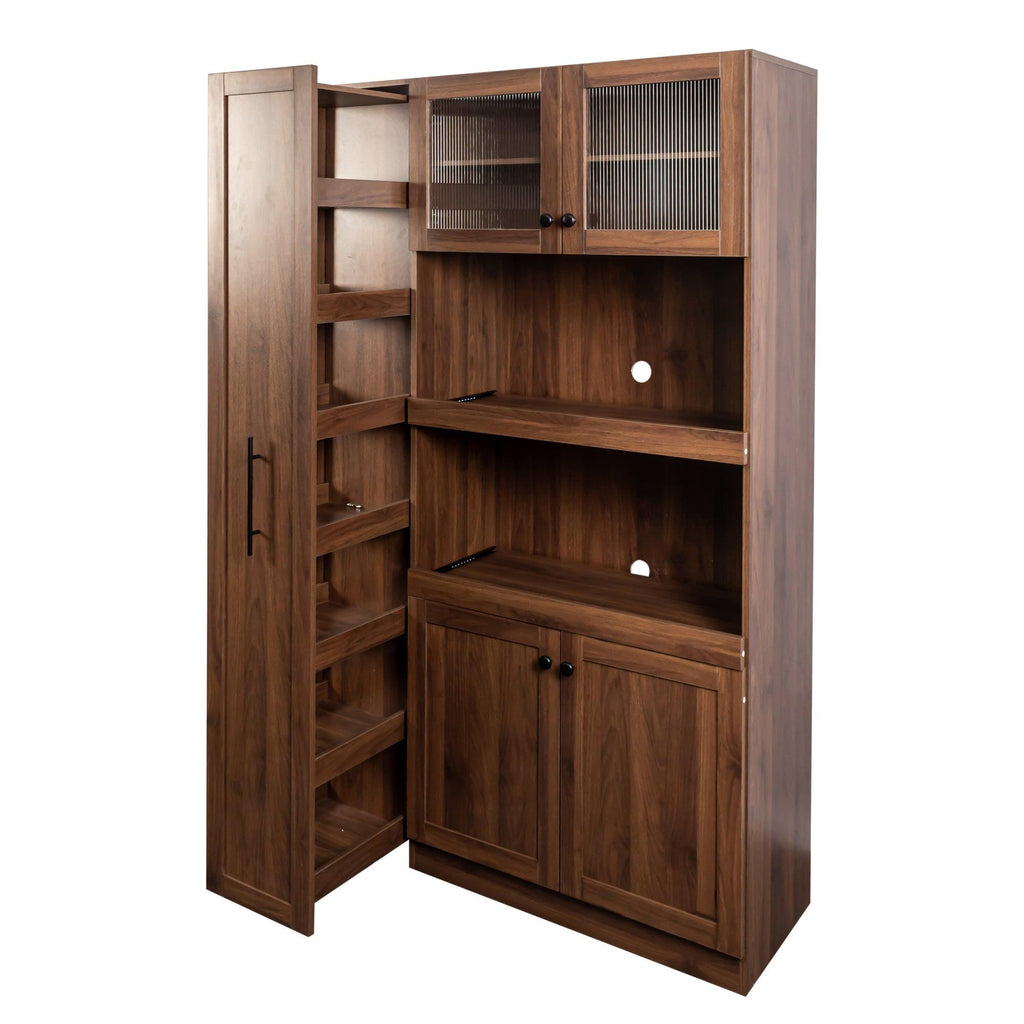 Walnut Farmhouse Pantry Cabinet with Pull-Out Storage.