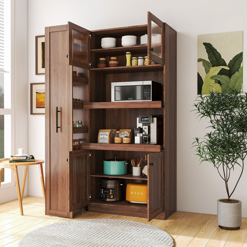 Walnut Farmhouse Pantry Cabinet with Pull-Out Storage.