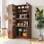 Walnut Farmhouse Pantry Cabinet with Pull-Out Storage.