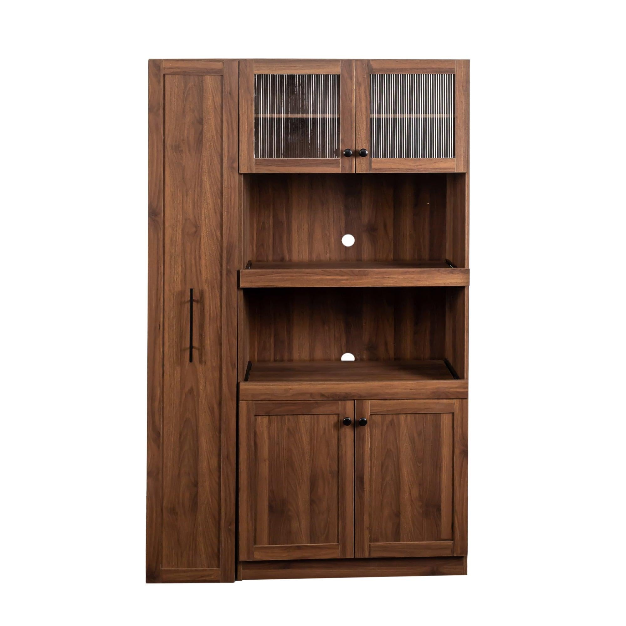 Walnut Farmhouse Pantry Cabinet with Pull-Out Storage.