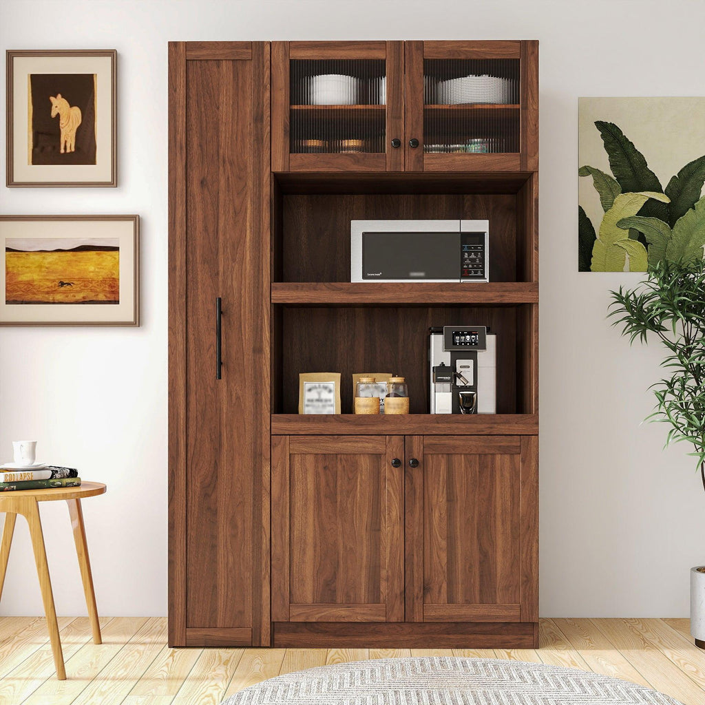 Walnut Farmhouse Pantry Cabinet with Pull-Out Storage.