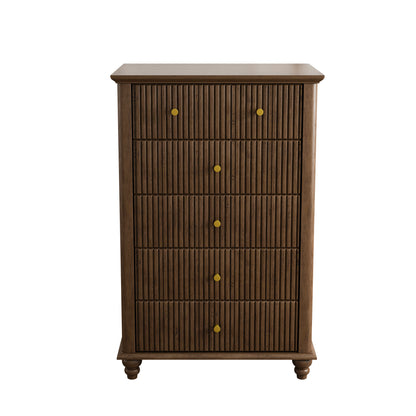 Fluted 5 Drawer Dresser, 45 Inch Tall Modern Chest of Drawers, Bedroom Dresser with Metal Handle, Wooden Drawer Organizer for Bedroom, Living Room, Hallway, Entryway, Walnut