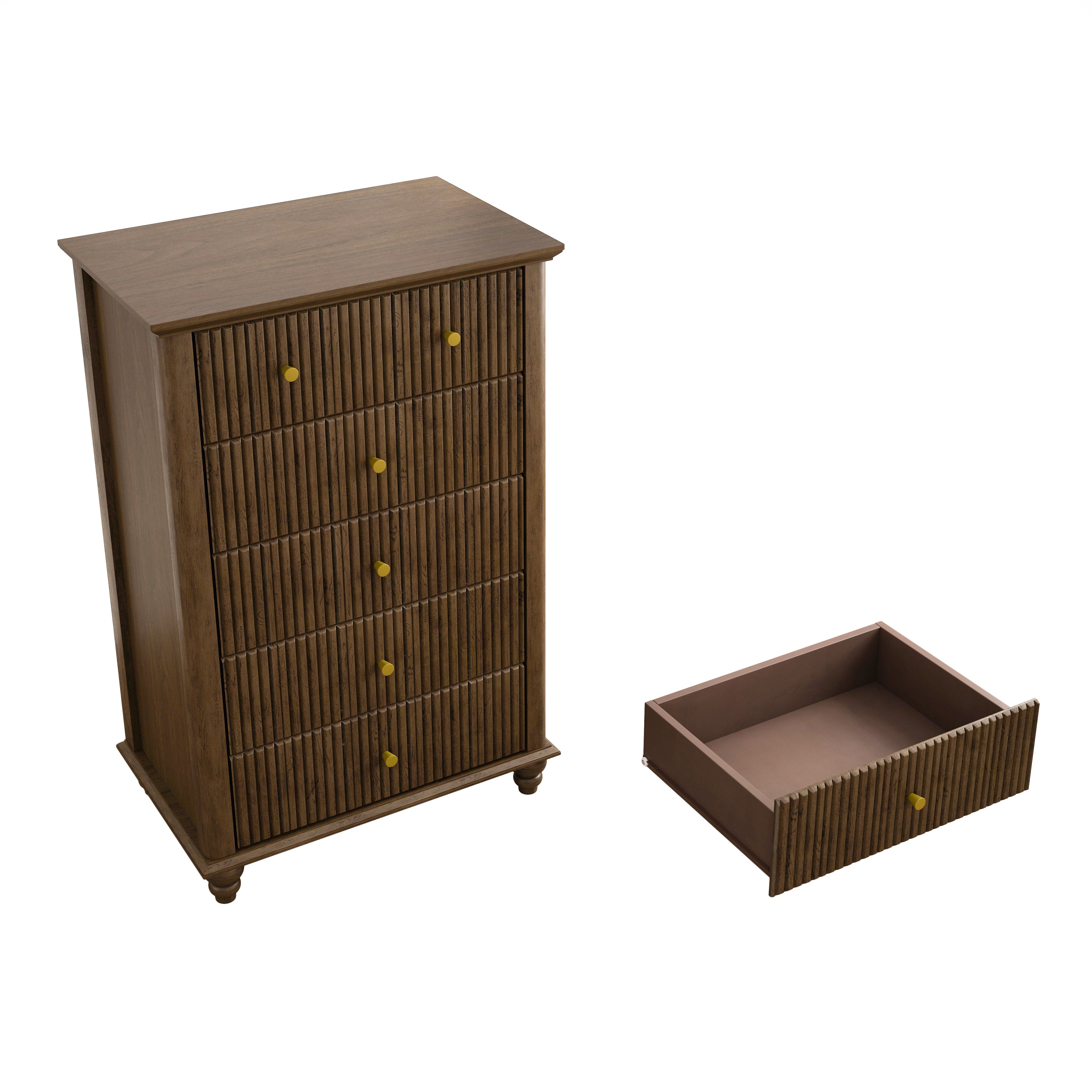 Fluted 5 Drawer Dresser, 45 Inch Tall Modern Chest of Drawers, Bedroom Dresser with Metal Handle, Wooden Drawer Organizer for Bedroom, Living Room, Hallway, Entryway, Walnut