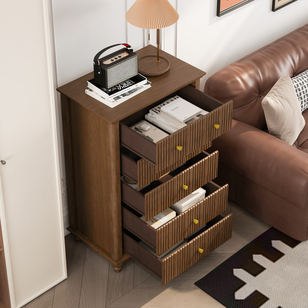 Fluted 5 Drawer Dresser, 45 Inch Tall Modern Chest of Drawers, Bedroom Dresser with Metal Handle, Wooden Drawer Organizer for Bedroom, Living Room, Hallway, Entryway, Walnut