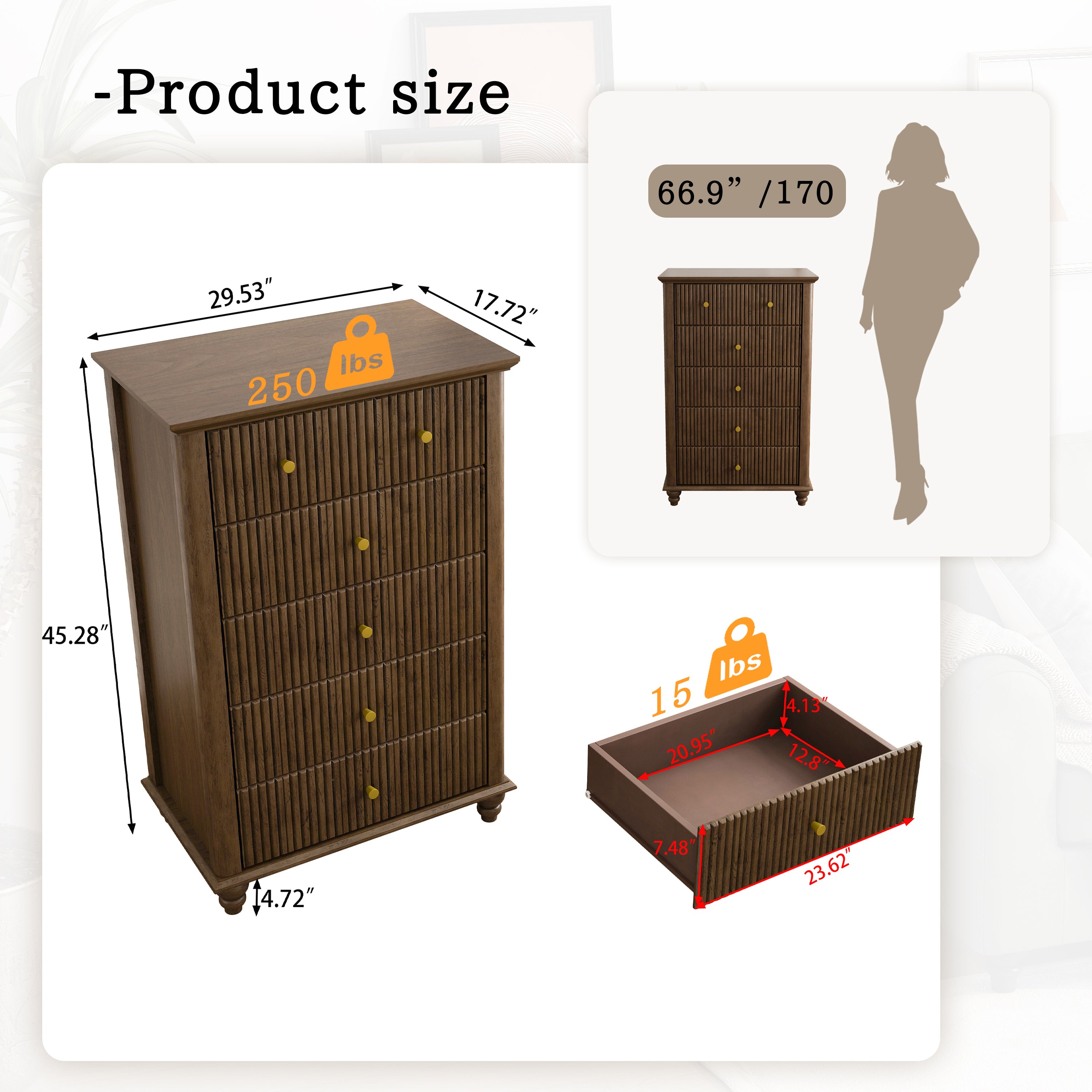 Fluted 5 Drawer Dresser, 45 Inch Tall Modern Chest of Drawers, Bedroom Dresser with Metal Handle, Wooden Drawer Organizer for Bedroom, Living Room, Hallway, Entryway, Walnut