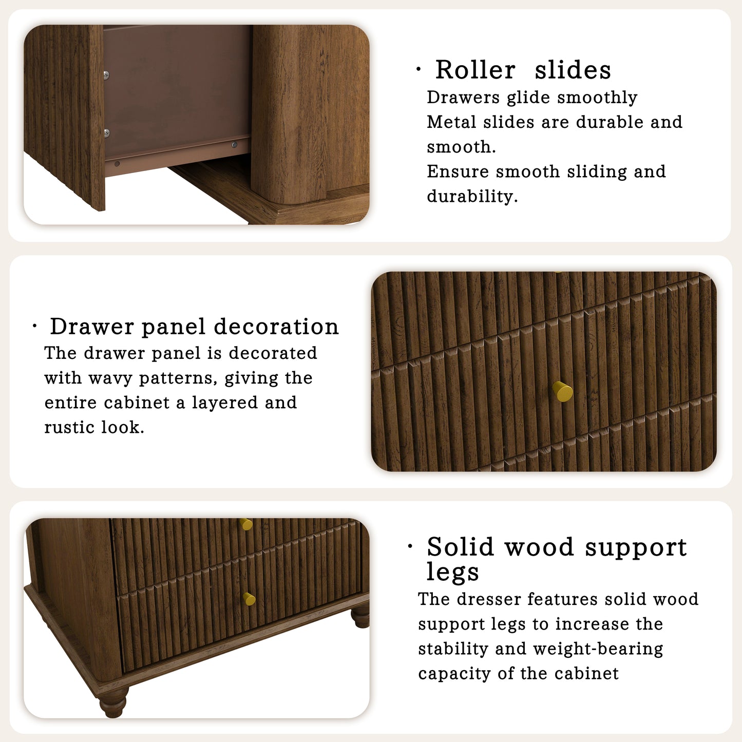 Fluted 5 Drawer Dresser, 45 Inch Tall Modern Chest of Drawers, Bedroom Dresser with Metal Handle, Wooden Drawer Organizer for Bedroom, Living Room, Hallway, Entryway, Walnut