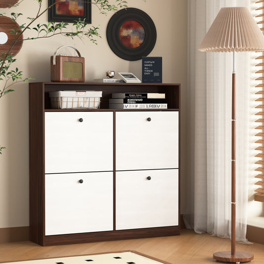 Shoe Storage Cabinet w/ 4 Flip Drawers, Shoe Rack Organizer Cabinet w/ Wooden Handle Freestanding Shoe Cabinet Storage w/ Anti-tip Fitting for Entryway, Hallway
