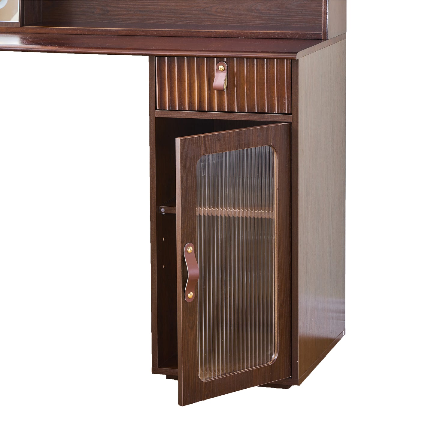 Elegant makeup vanity desk with 3 modes Adjustable Lighted Mirror,modern dressing table set with large shelves, drawer and canbinet,Walnut