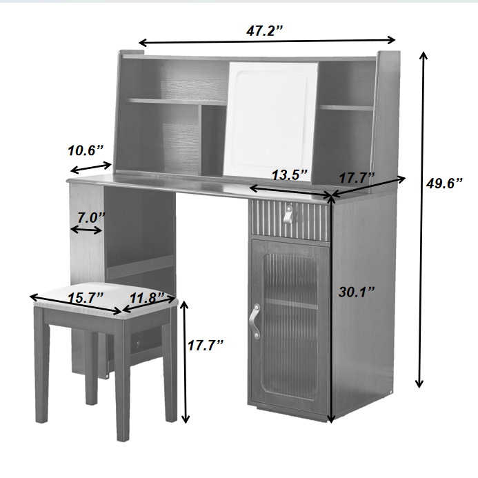 Elegant makeup vanity desk with 3 modes Adjustable Lighted Mirror,modern dressing table set with large shelves, drawer and canbinet,Walnut