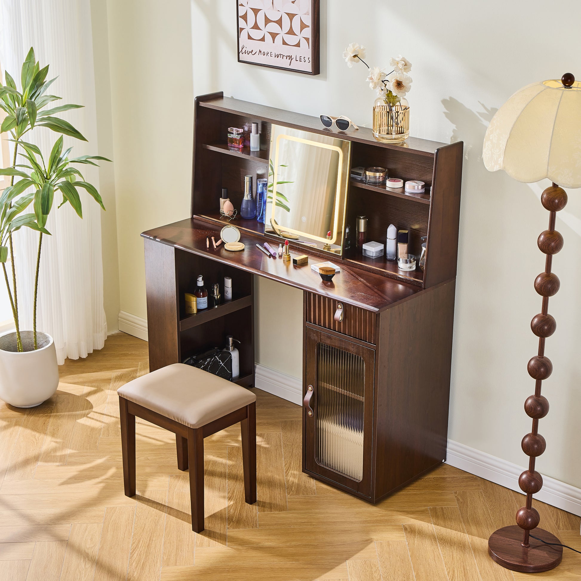 Elegant makeup vanity desk with 3 modes Adjustable Lighted Mirror,modern dressing table set with large shelves, drawer and canbinet,Walnut