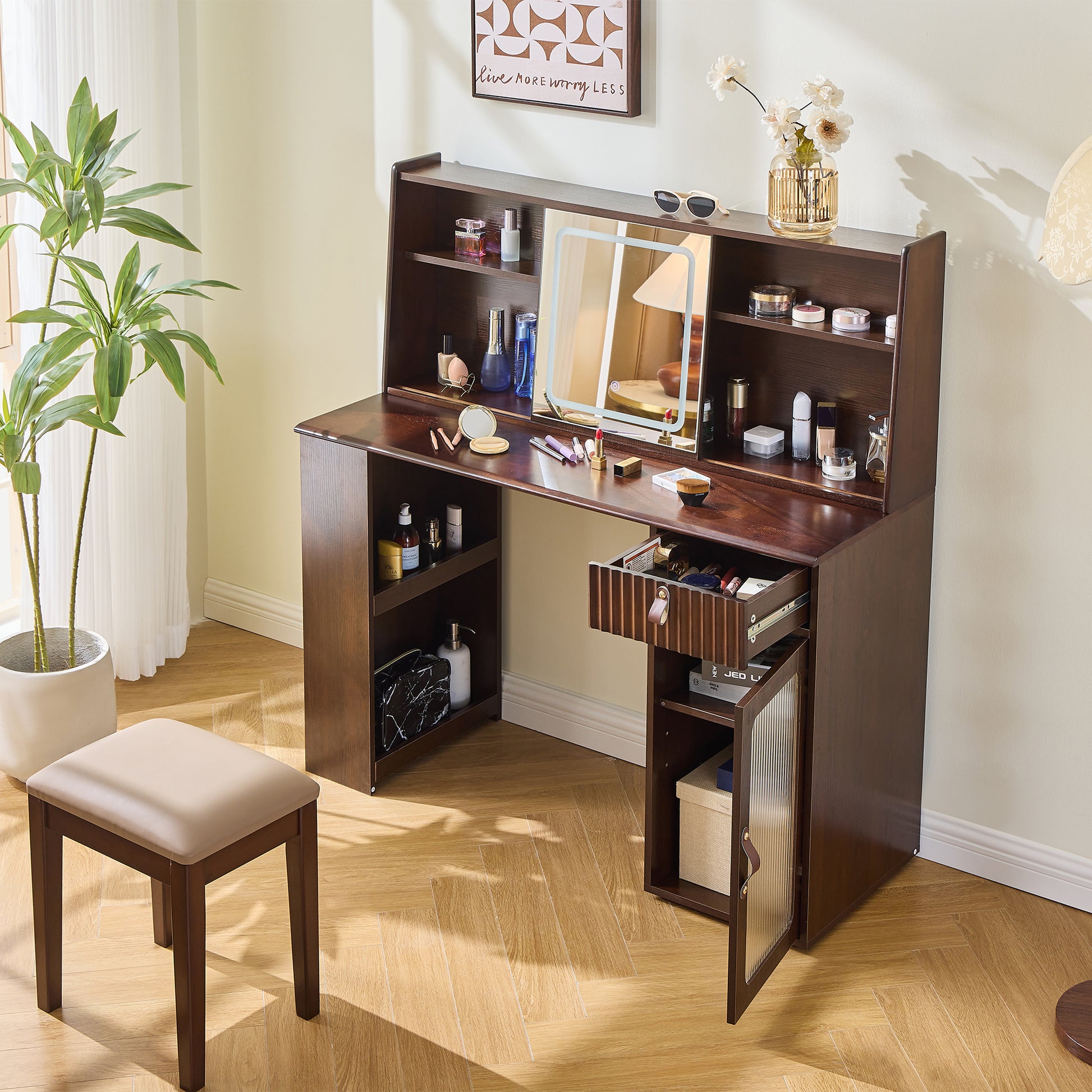 Elegant makeup vanity desk with 3 modes Adjustable Lighted Mirror,modern dressing table set with large shelves, drawer and canbinet,Walnut