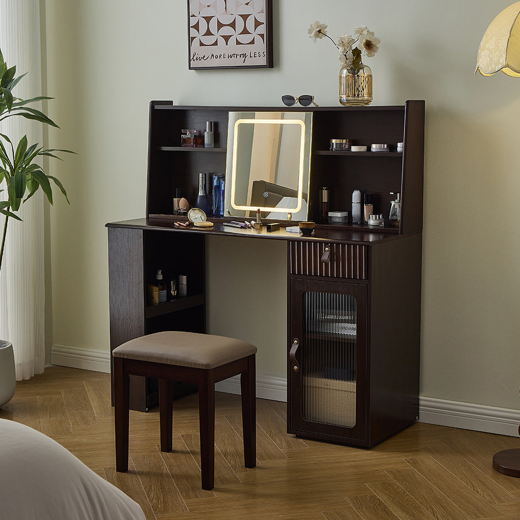 Elegant makeup vanity desk with 3 modes Adjustable Lighted Mirror,modern dressing table set with large shelves, drawer and canbinet,Walnut