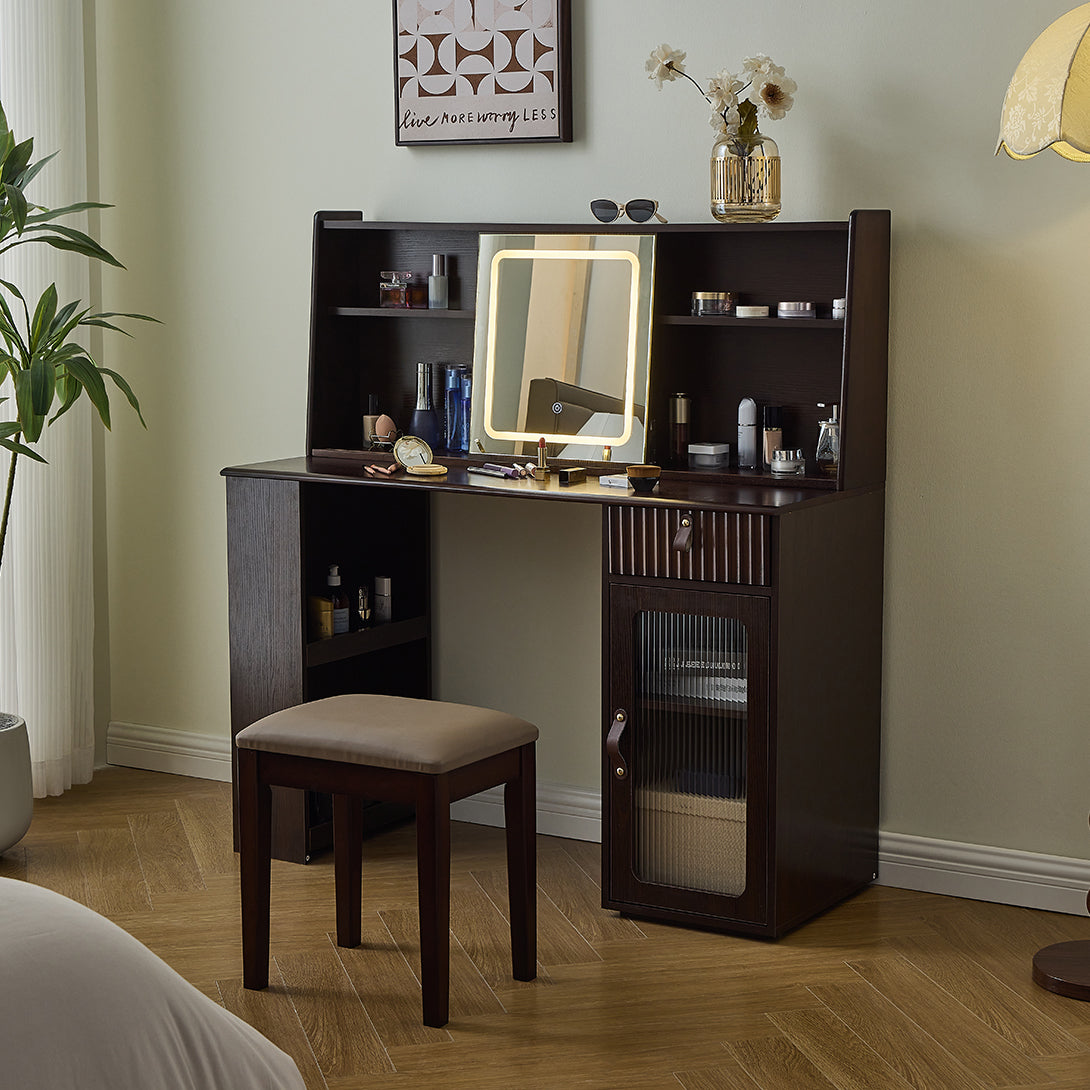 Elegant makeup vanity desk with 3 modes Adjustable Lighted Mirror,modern dressing table set with large shelves, drawer and canbinet,Walnut