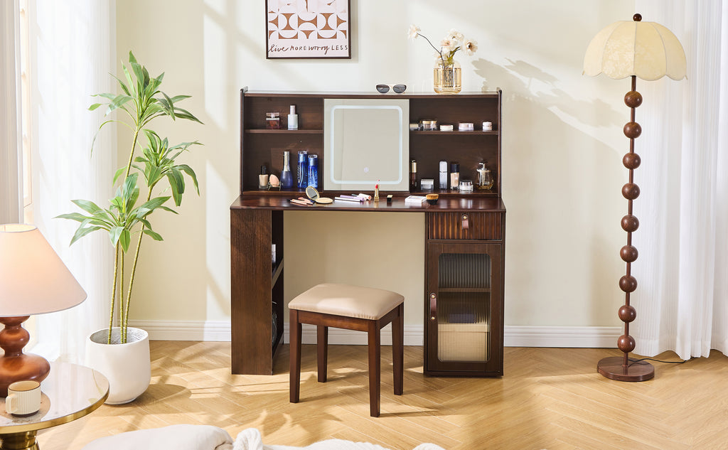 Elegant makeup vanity desk with 3 modes Adjustable Lighted Mirror,modern dressing table set with large shelves, drawer and canbinet,Walnut