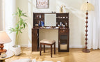 Elegant makeup vanity desk with 3 modes Adjustable Lighted Mirror,modern dressing table set with large shelves, drawer and canbinet,Walnut