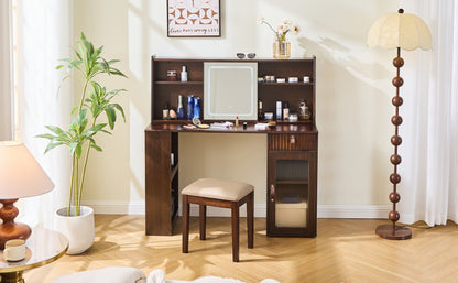 Elegant makeup vanity desk with 3 modes Adjustable Lighted Mirror,modern dressing table set with large shelves, drawer and canbinet,Walnut