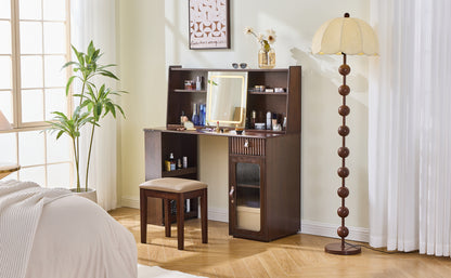 Elegant makeup vanity desk with 3 modes Adjustable Lighted Mirror,modern dressing table set with large shelves, drawer and canbinet,Walnut