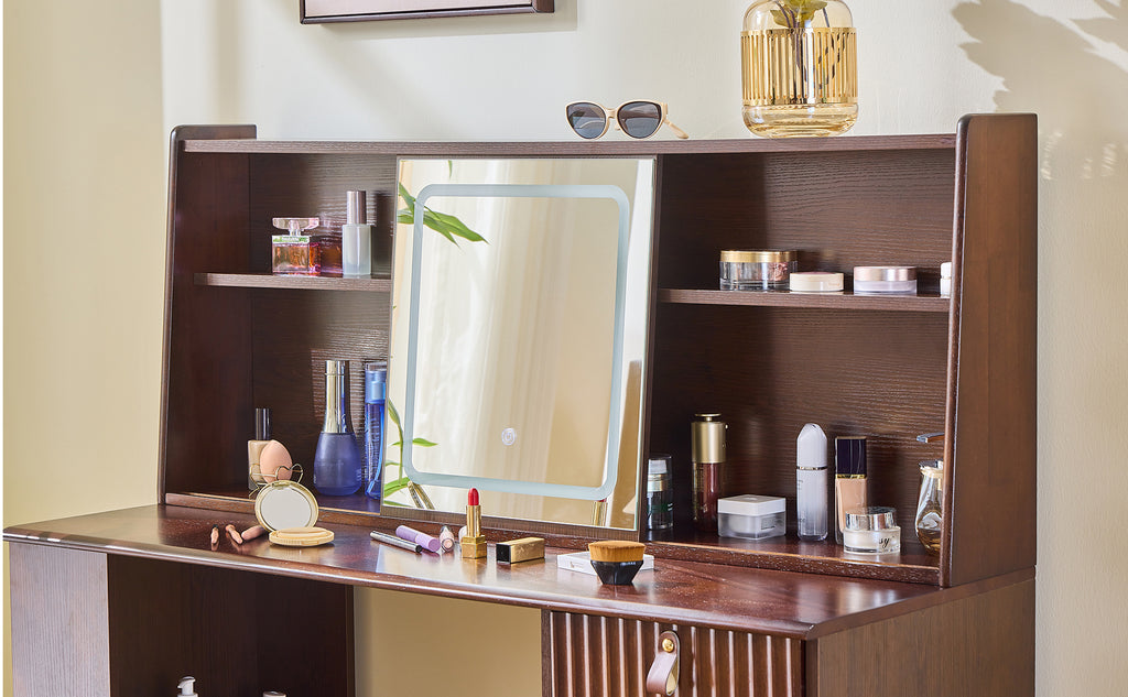 Elegant makeup vanity desk with 3 modes Adjustable Lighted Mirror,modern dressing table set with large shelves, drawer and canbinet,Walnut